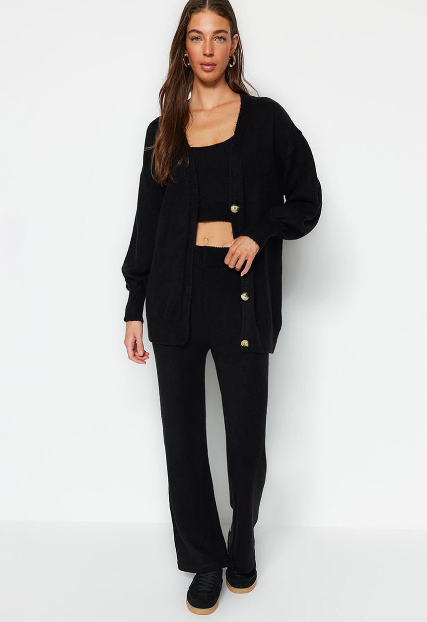 Trendyol - Wide fit soft textured 3-piece knitwear bottom-top set - black 