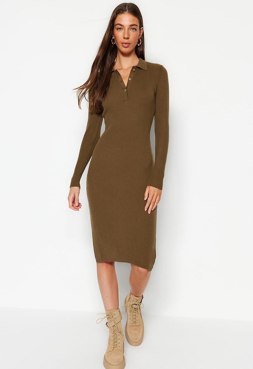 Trendyol - Midi knitwear polo neck dress - khaki