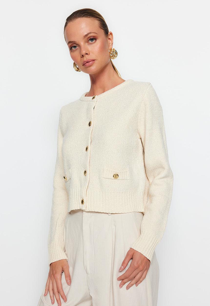 Trendyol - Crop premium yarn/special yarn pocket detailed jacket cardigan - ecru