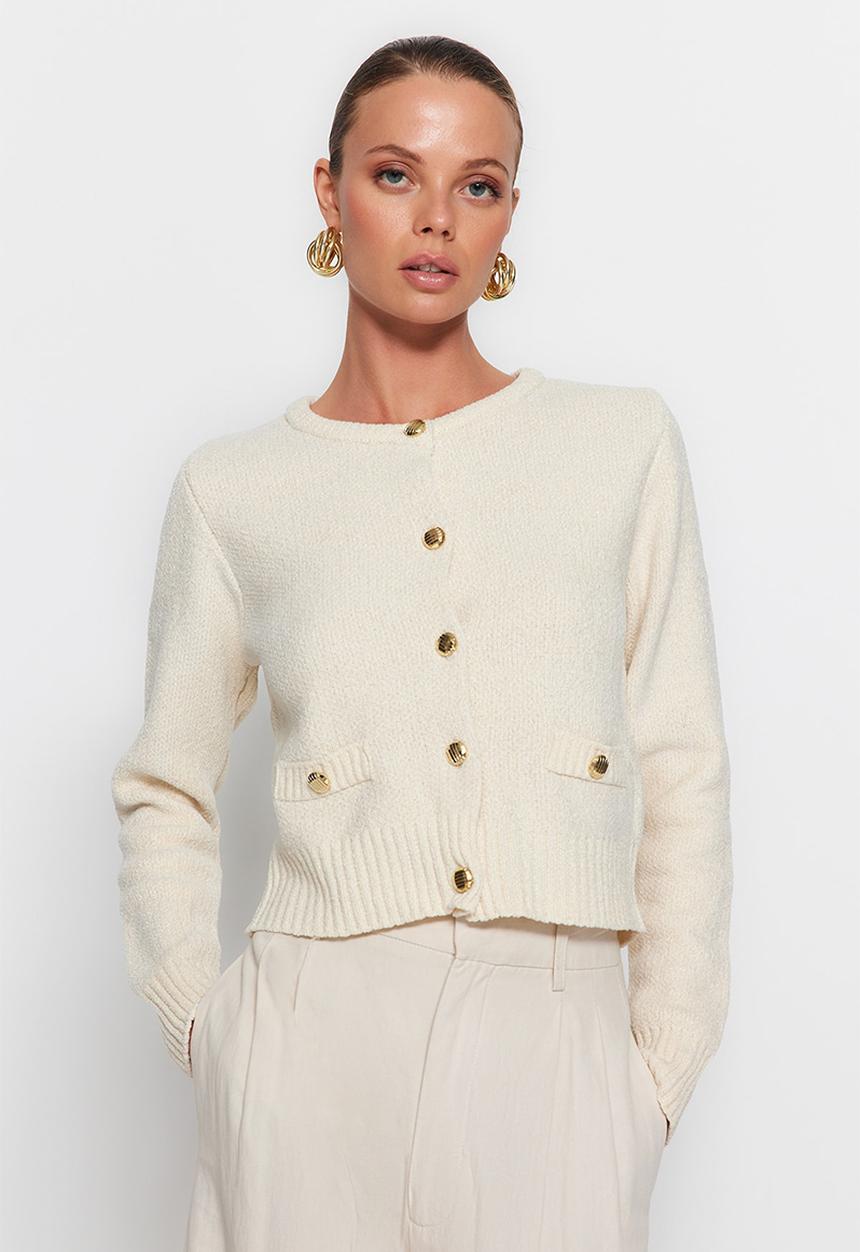 Trendyol - Crop premium yarn/special yarn pocket detailed jacket cardigan - ecru