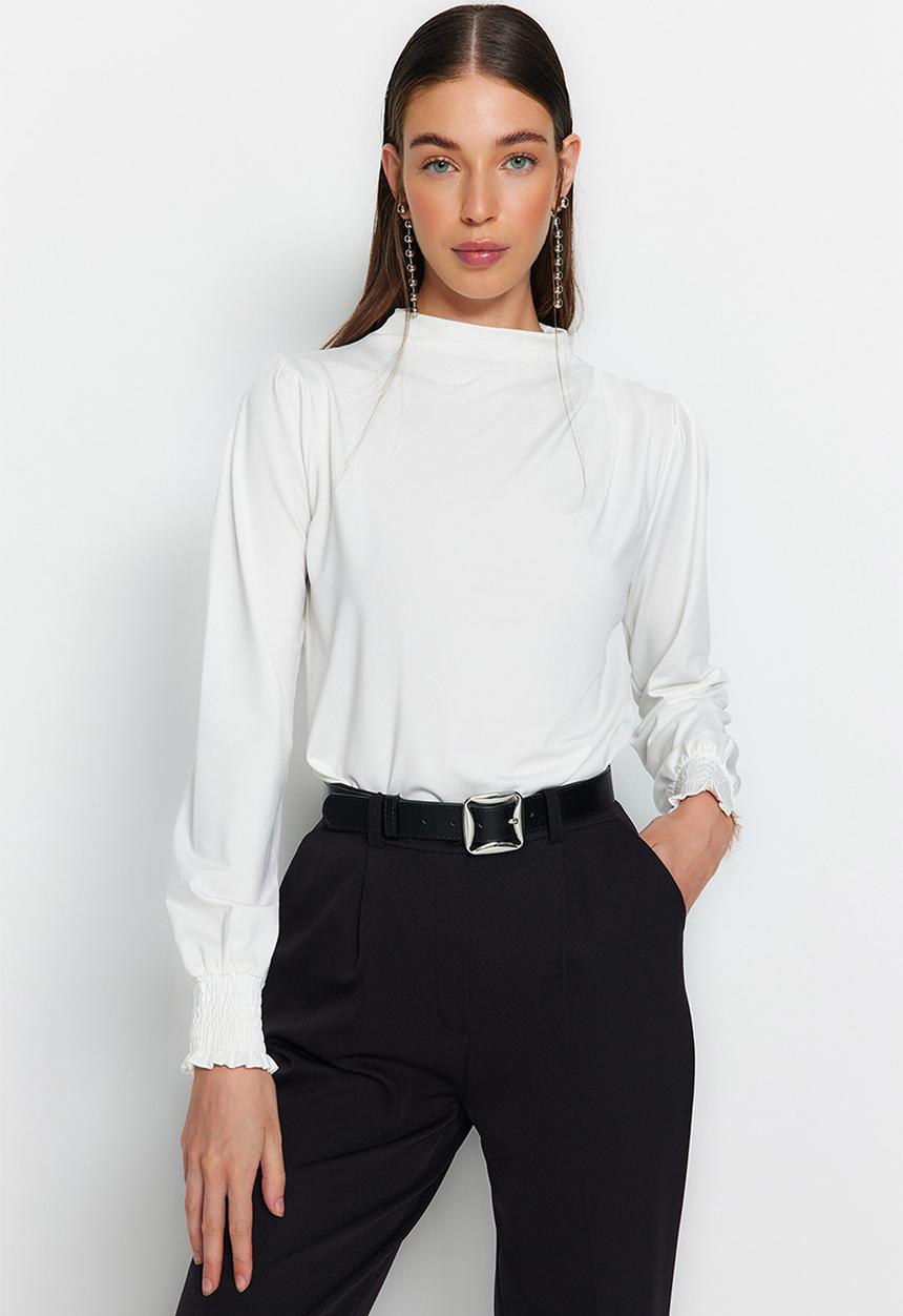 Trendyol - High neck regular fit gipe detail elastic knitted blouse - ecru 