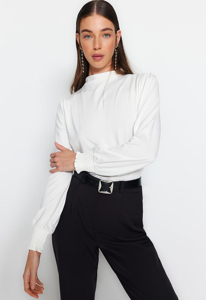 Trendyol - High neck regular fit gipe detail elastic knitted blouse - ecru 