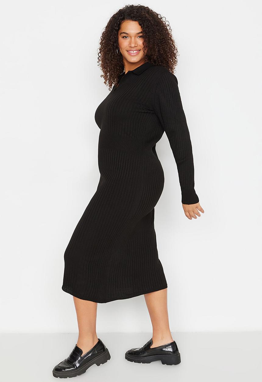 Trendyol - Plus polo neck ribbed dress - black