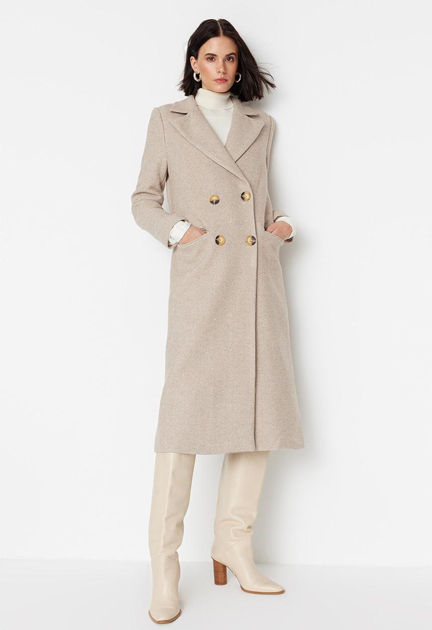 Trendyol - Herringbone patterned long cachet coat - brown 