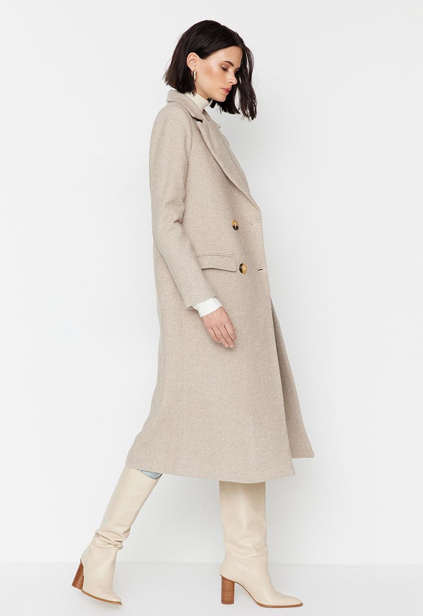Trendyol - Herringbone patterned long cachet coat - brown 