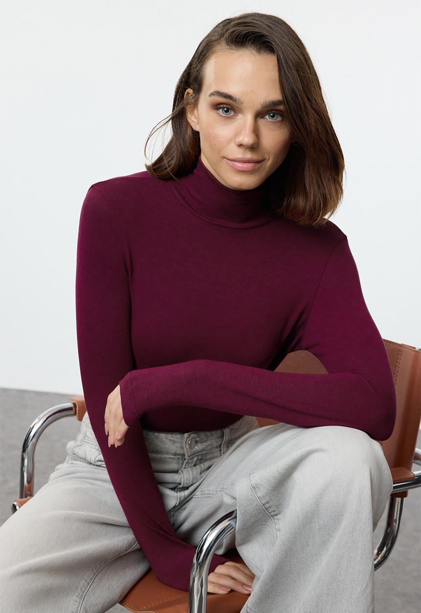 Trendyol - Premium turtleneck fitted stretchy knitted blouse - burgundy