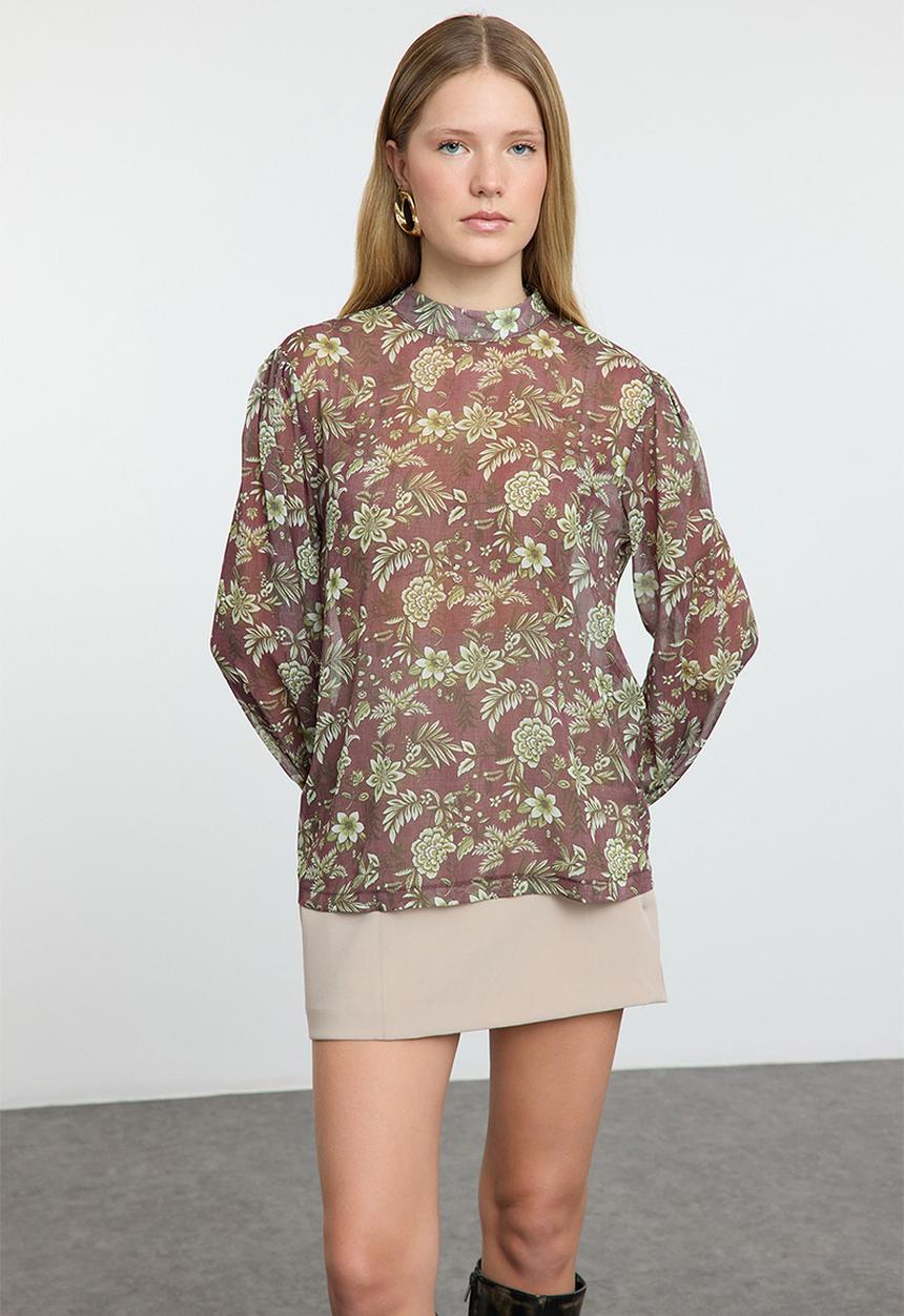 Trendyol - Floral patterned oversize woven blouse - brown 