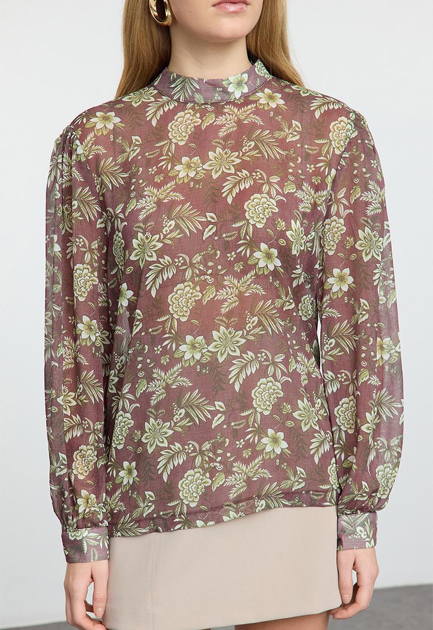 Trendyol - Floral patterned oversize woven blouse - brown 