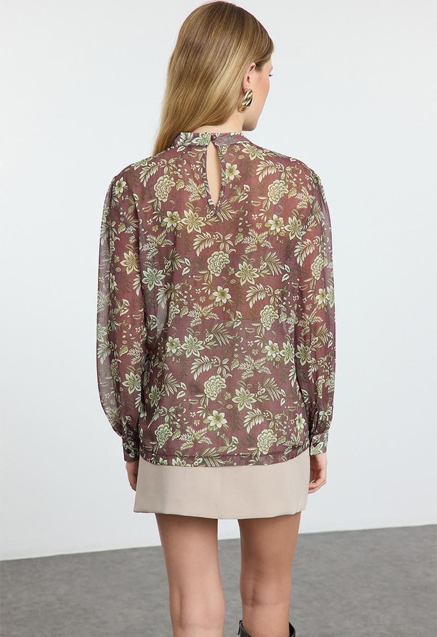 Trendyol - Floral patterned oversize woven blouse - brown 