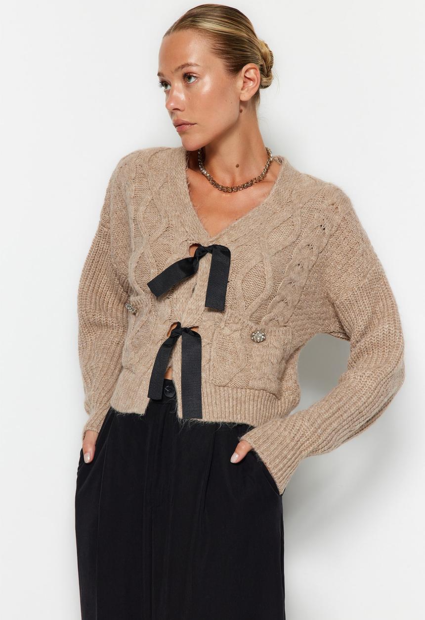 Trendyol - Limited edition soft texture ribbon/bow detailed sweater - beige