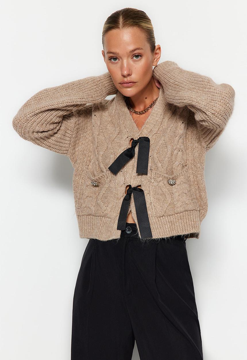 Trendyol - Limited edition soft texture ribbon/bow detailed sweater - beige