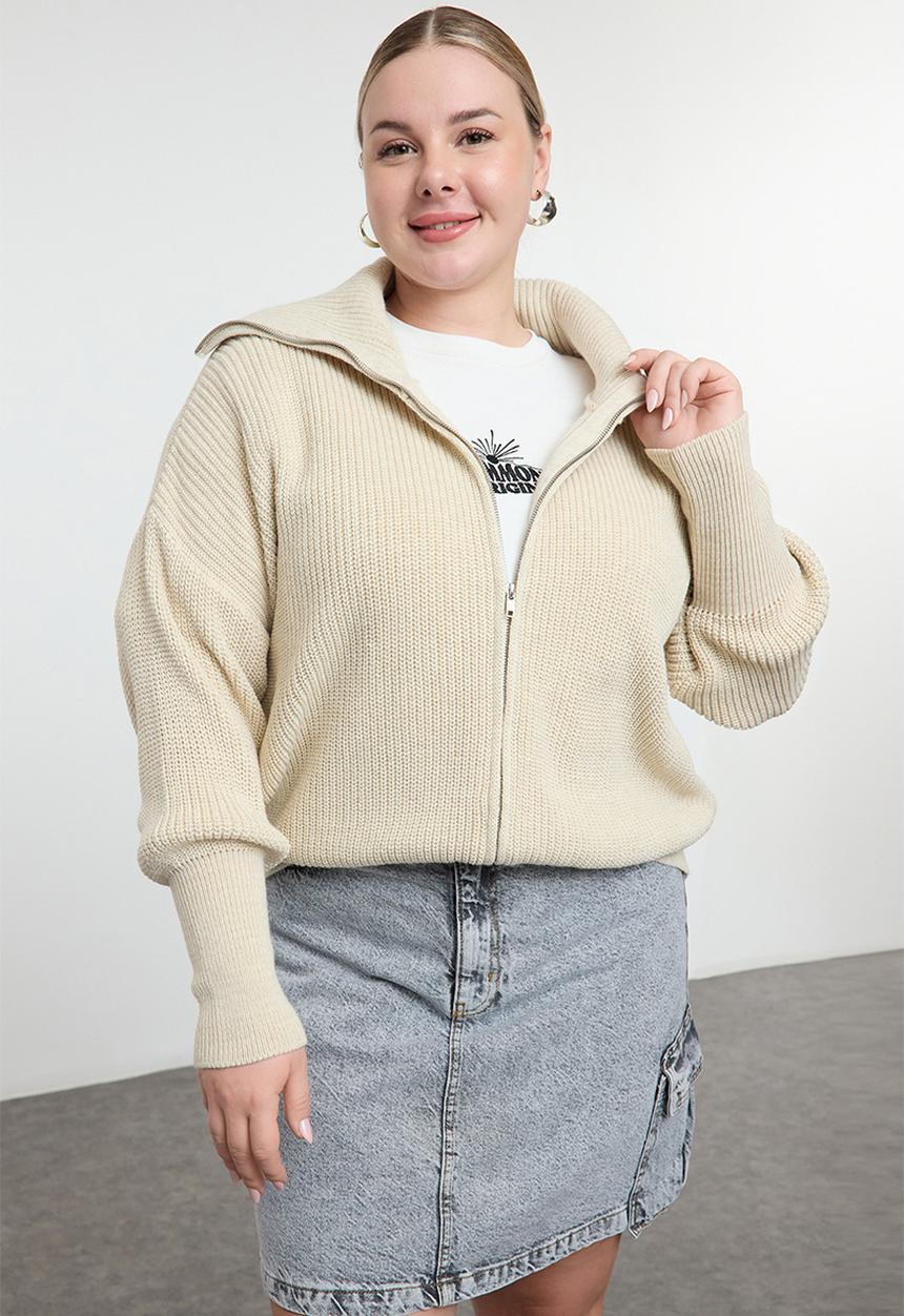 Trendyol - Stone Overturned Collar Zippered Crop Cardigan
