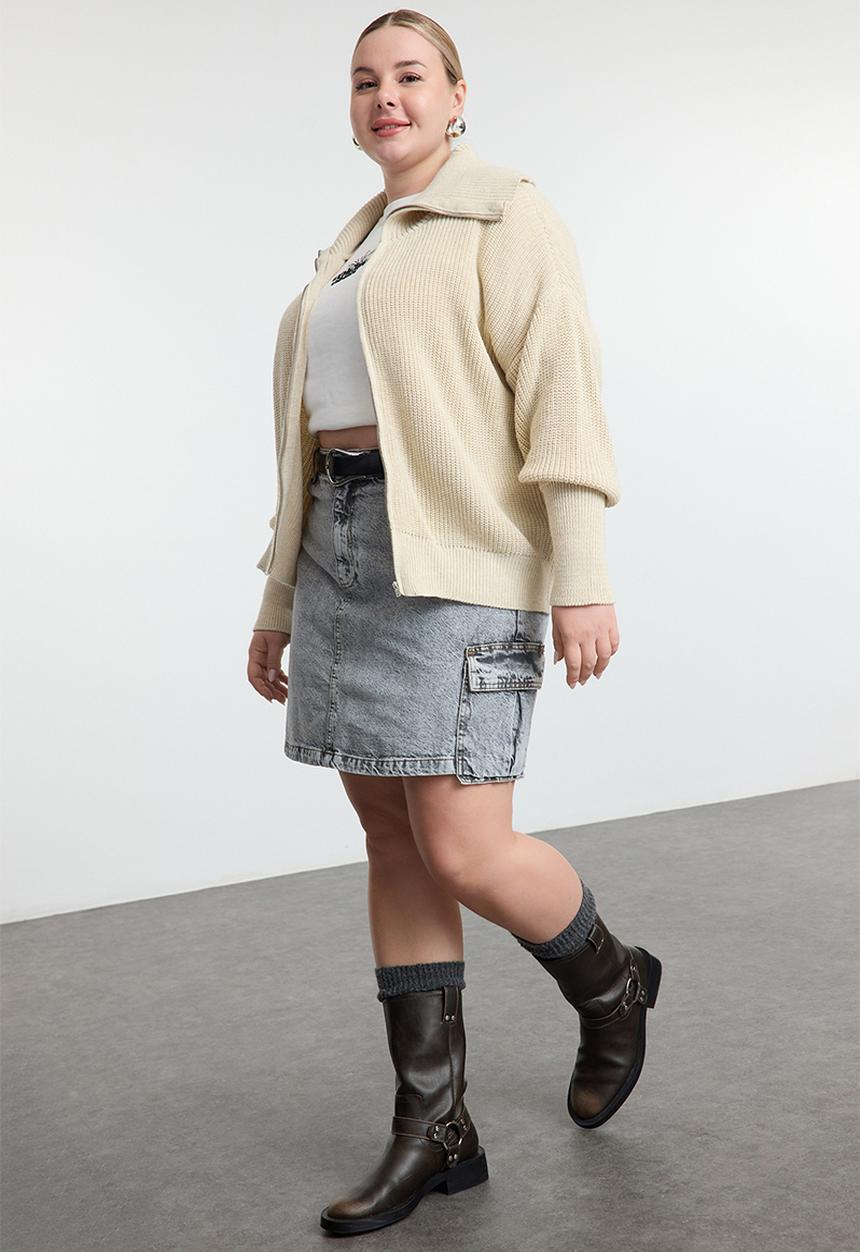 Trendyol - Stone Overturned Collar Zippered Crop Cardigan