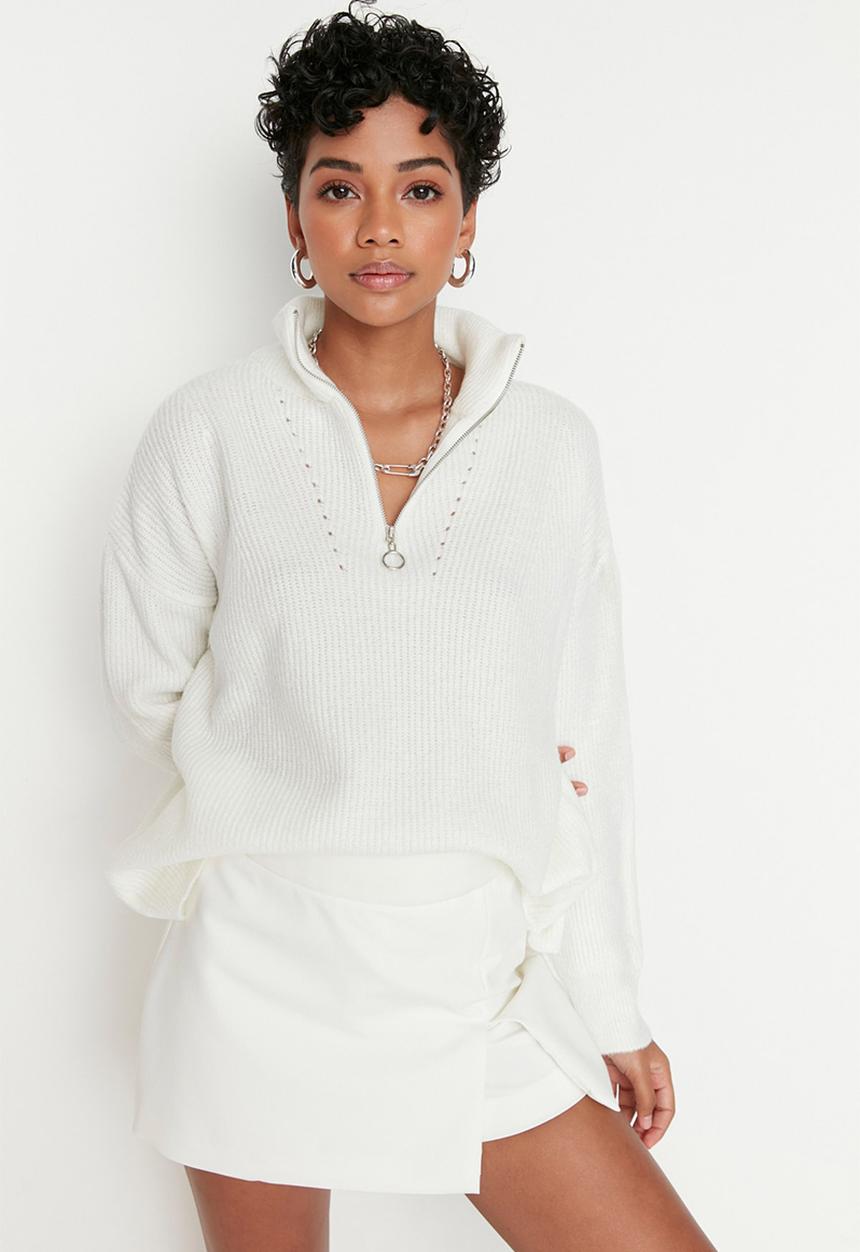 Trendyol - Ecru soft textured zippered knitwear