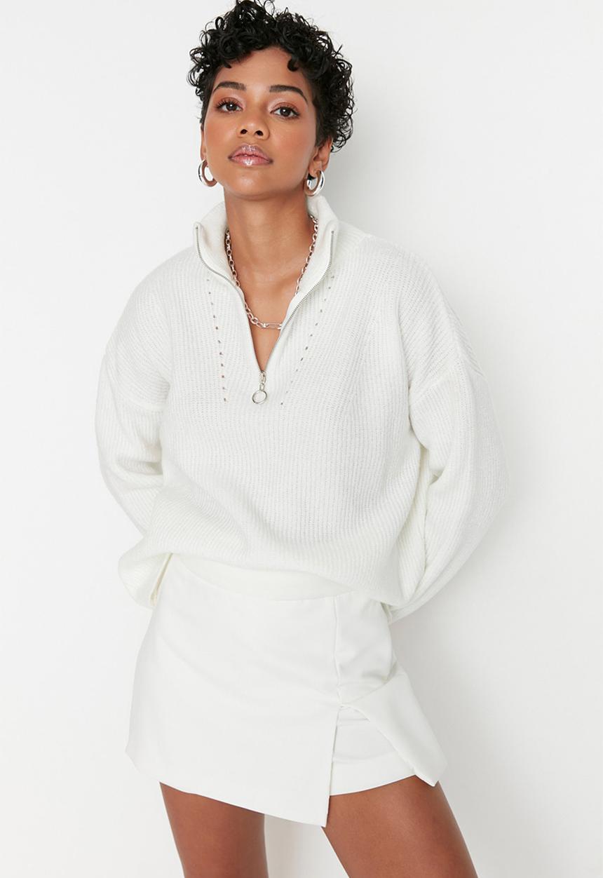 Trendyol - Ecru soft textured zippered knitwear