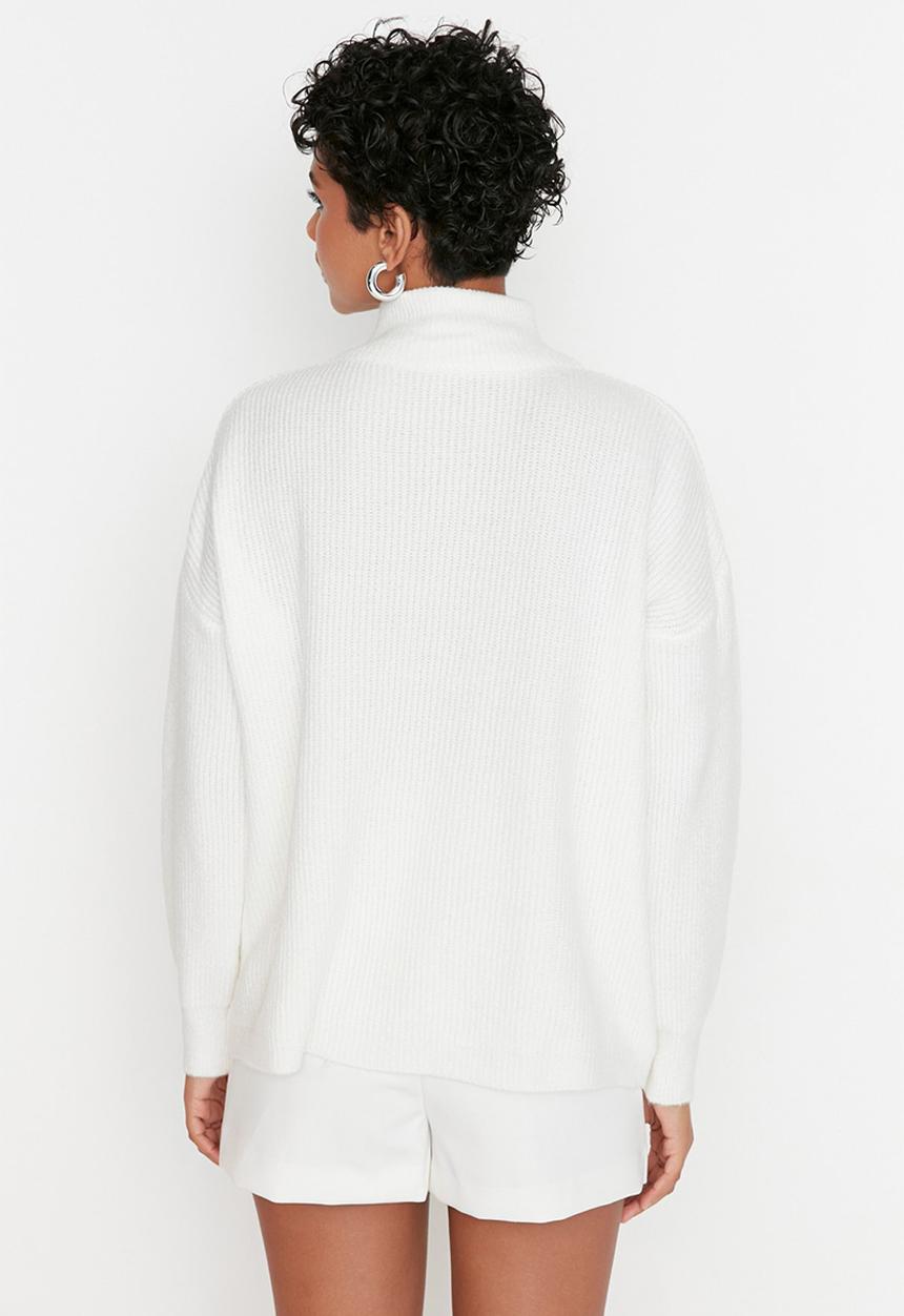 Trendyol - Ecru soft textured zippered knitwear