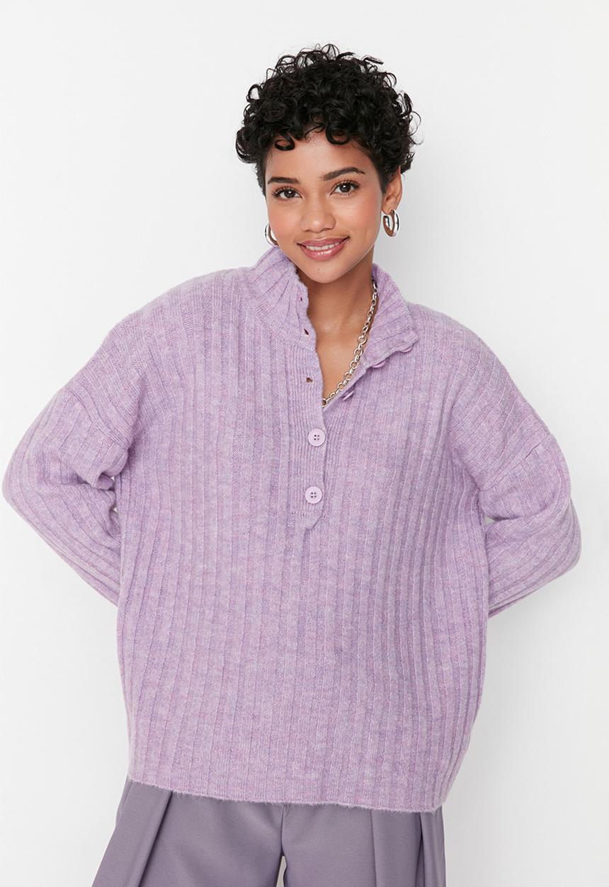 Trendyol - Lilac wide fit, soft textured standing collar knitwear sweater