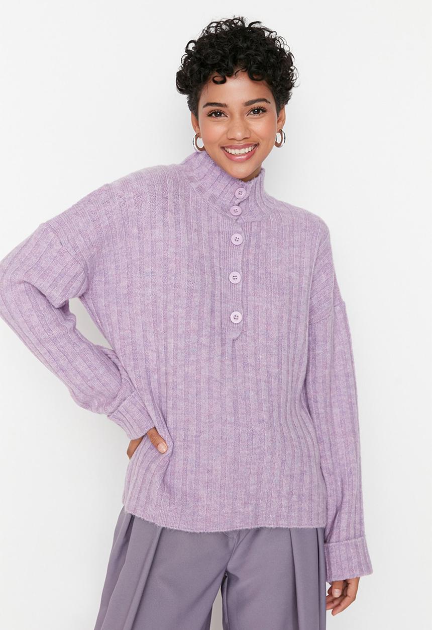 Trendyol - Lilac wide fit, soft textured standing collar knitwear sweater