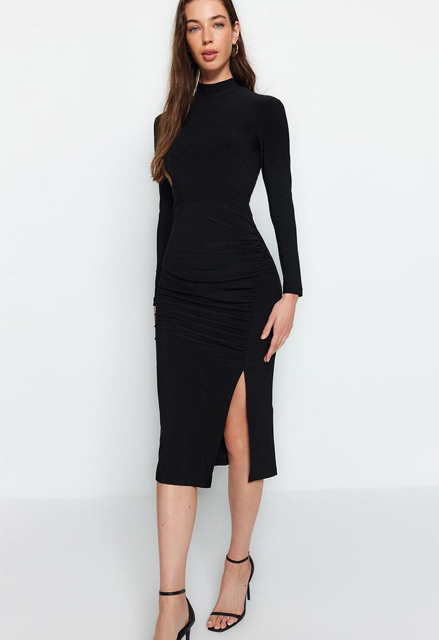 Trendyol - Black drape detailed slit high collar midi knitted dress