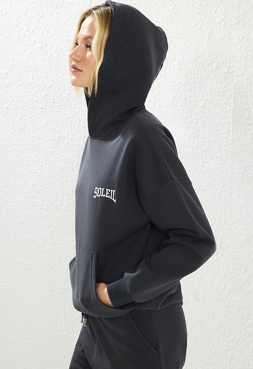 Trendyol - Anthracite thick polar fleece hooded oversize knitted tracksuit