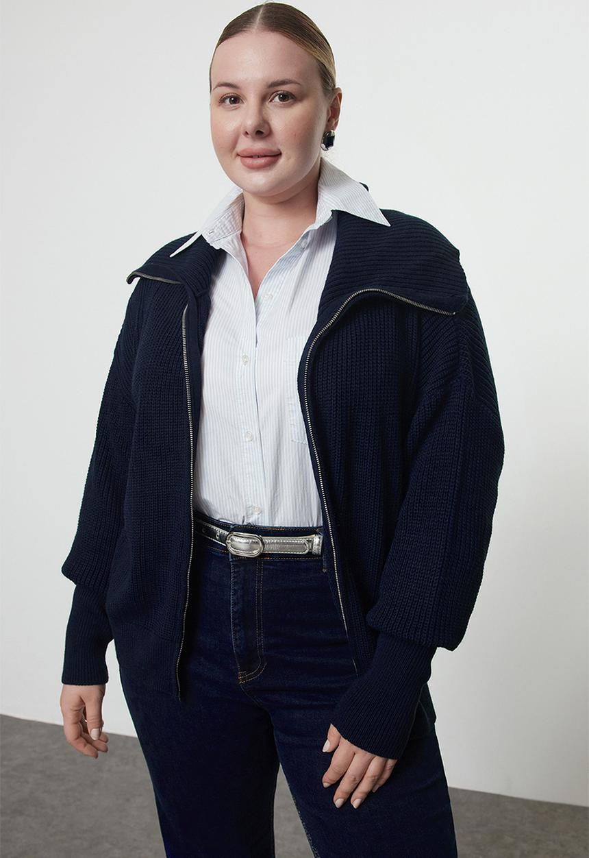 Trendyol - Blue Turn-Down Collar Zippered Crop Cardigan - Navy 