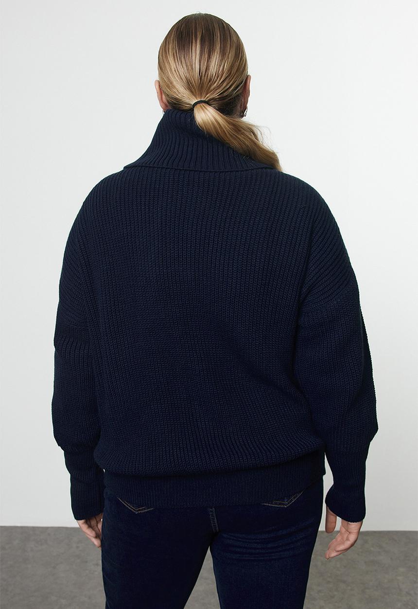 Trendyol - Blue Turn-Down Collar Zippered Crop Cardigan - Navy 