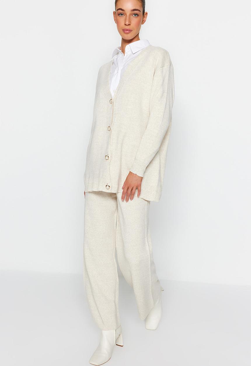 Trendyol - Stone Pearl Buttoned Cardigan-Pants Bottom-Top