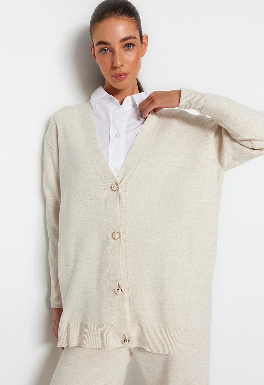 Trendyol - Stone Pearl Buttoned Cardigan-Pants Bottom-Top