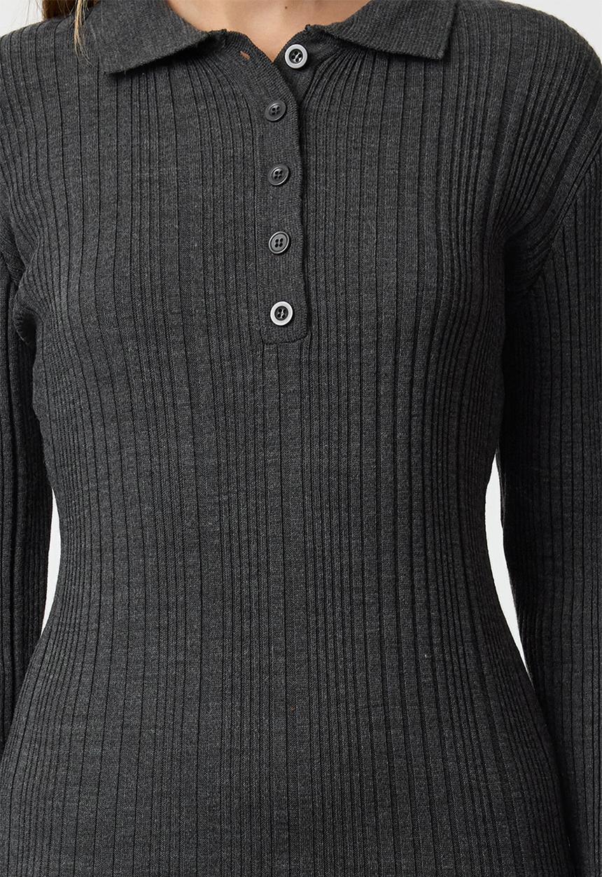 Trendyol - Polo Button-down Collar Rib Knit - Anthracite 