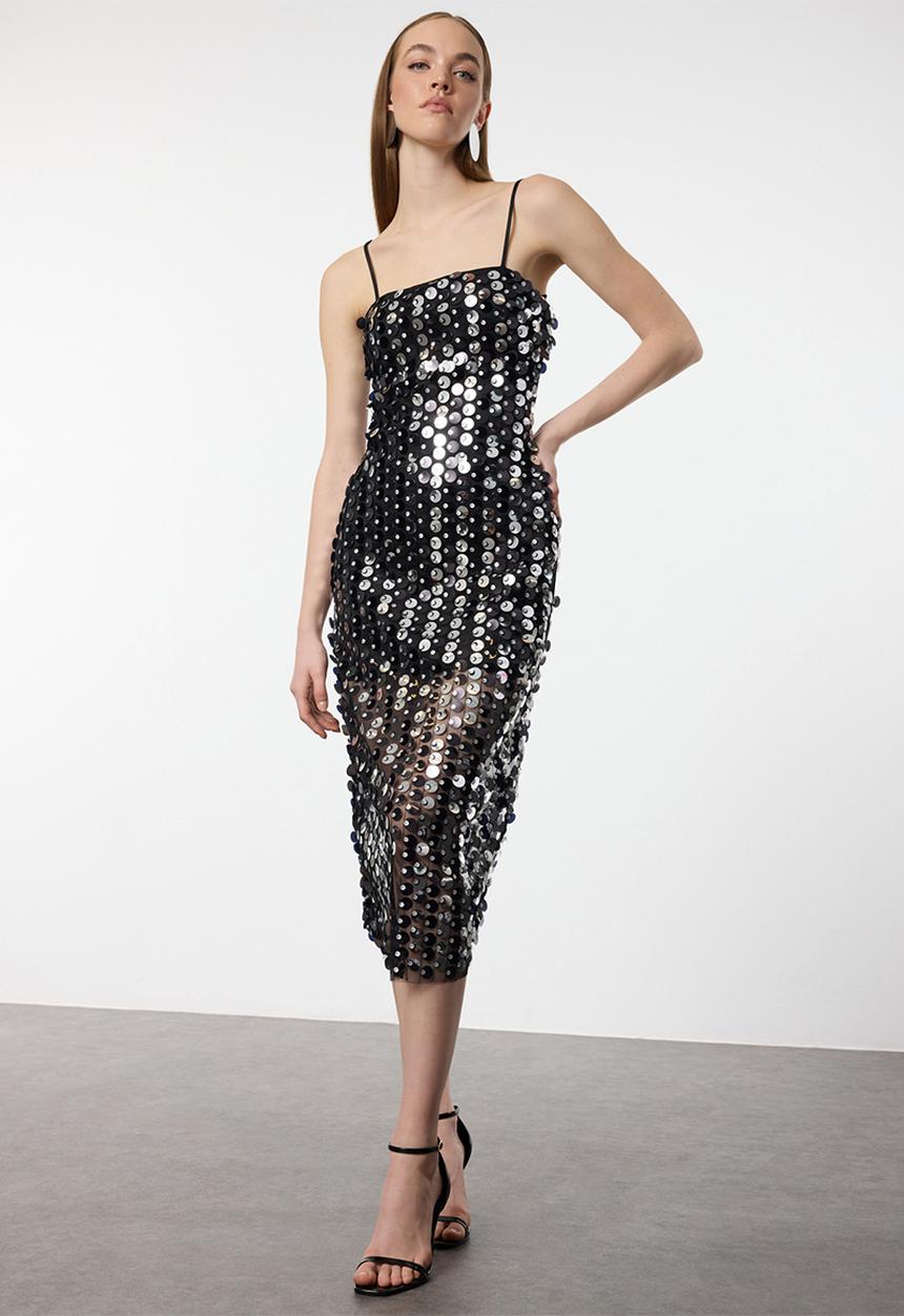 Trendyol - Sequin knitted long elegant evening dress - black 
