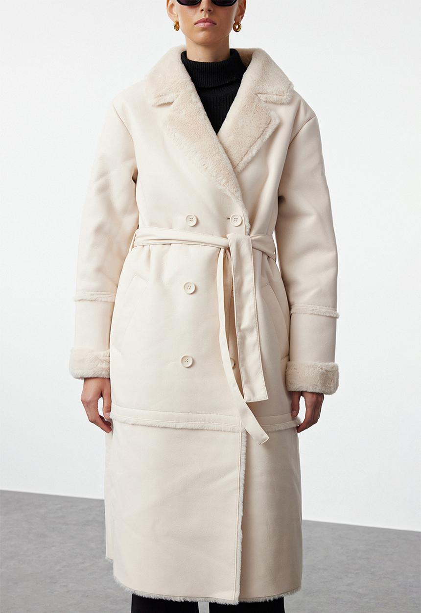 Trendyol - Ecru oversize wide cut belted fur collar detailed long coat