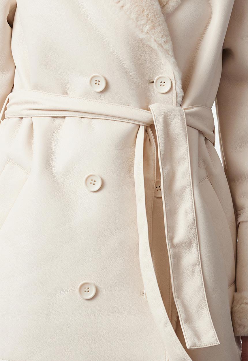Trendyol - Ecru oversize wide cut belted fur collar detailed long coat