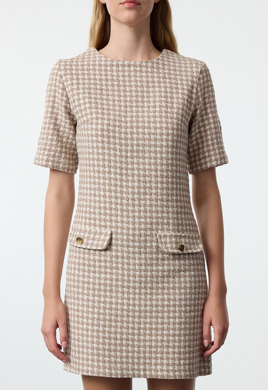 Trendyol - Houndstooth straight cut button detailed tweed woven dress - cream 