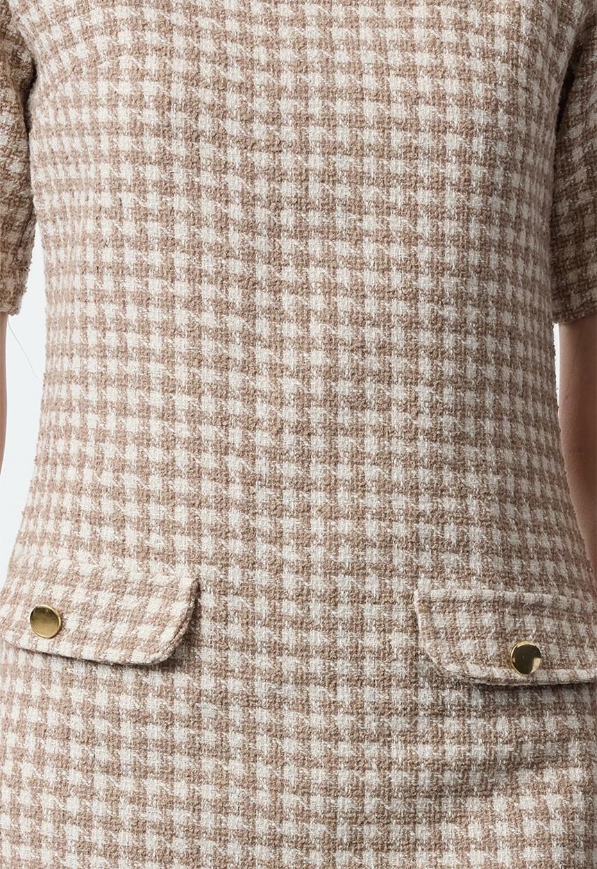 Trendyol - Houndstooth straight cut button detailed tweed woven dress - cream 