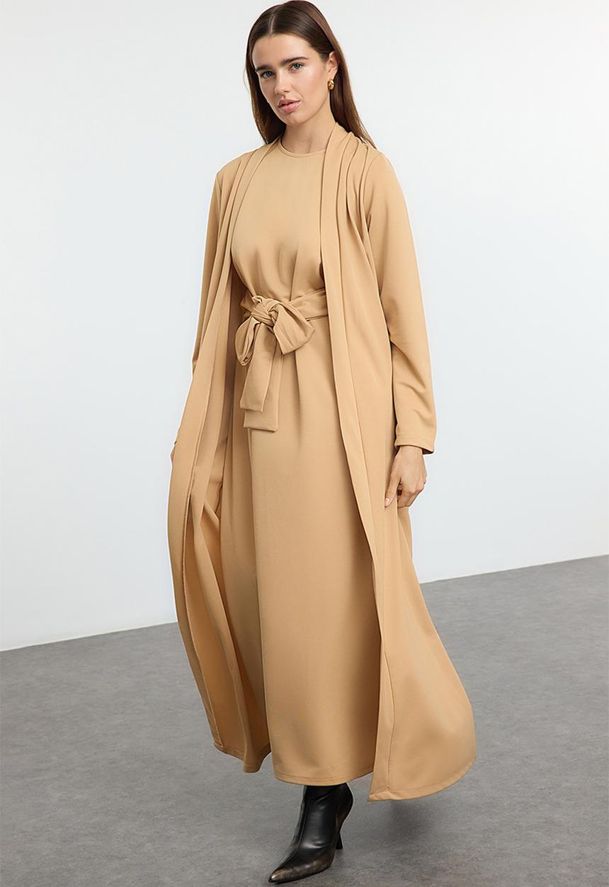 Trendyol - Belt Detailed Knitted Cardigan Dress - Mink 