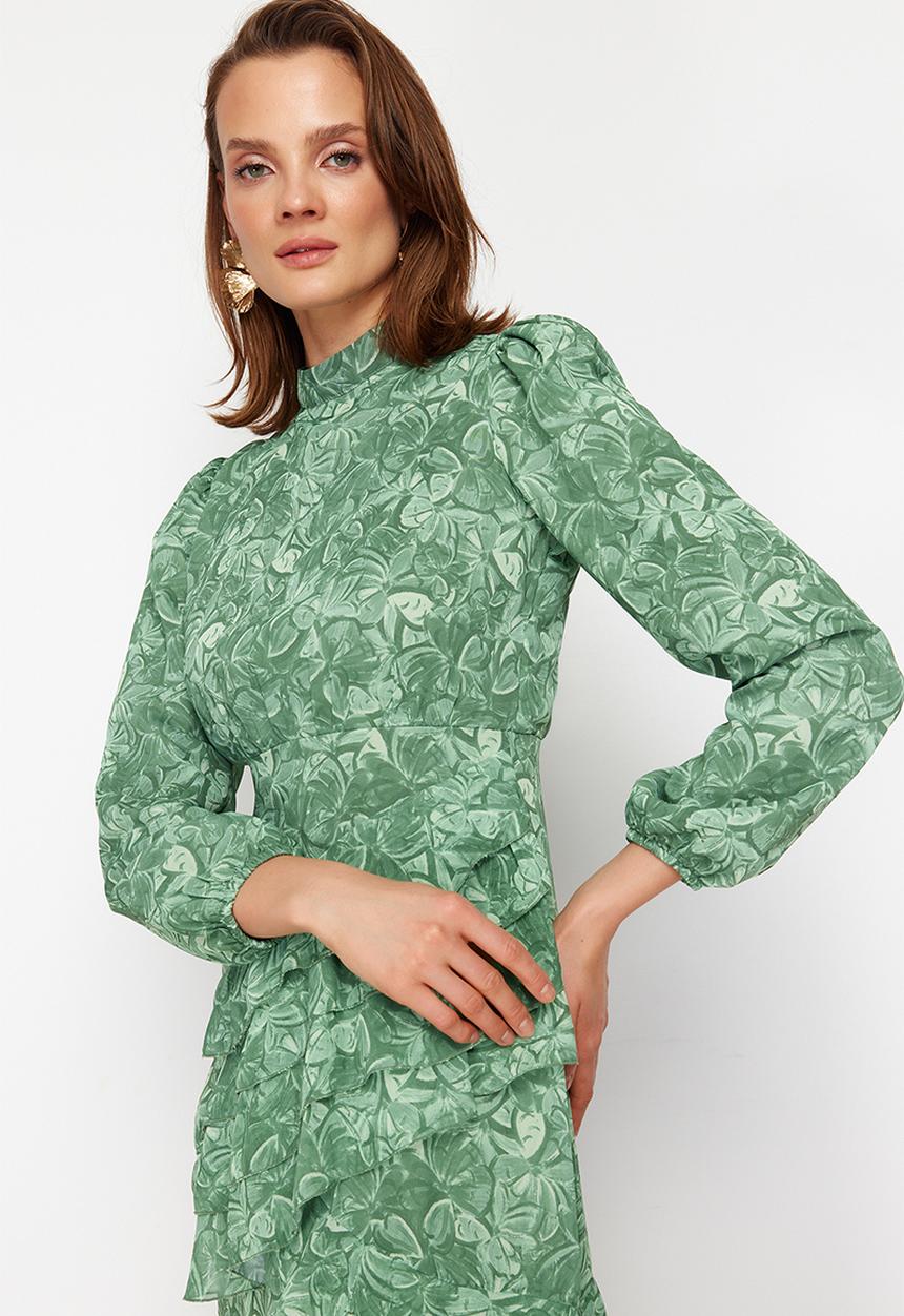 Trendyol - Floral Skirt Frilly Lined Woven Chiffon - Khaki 