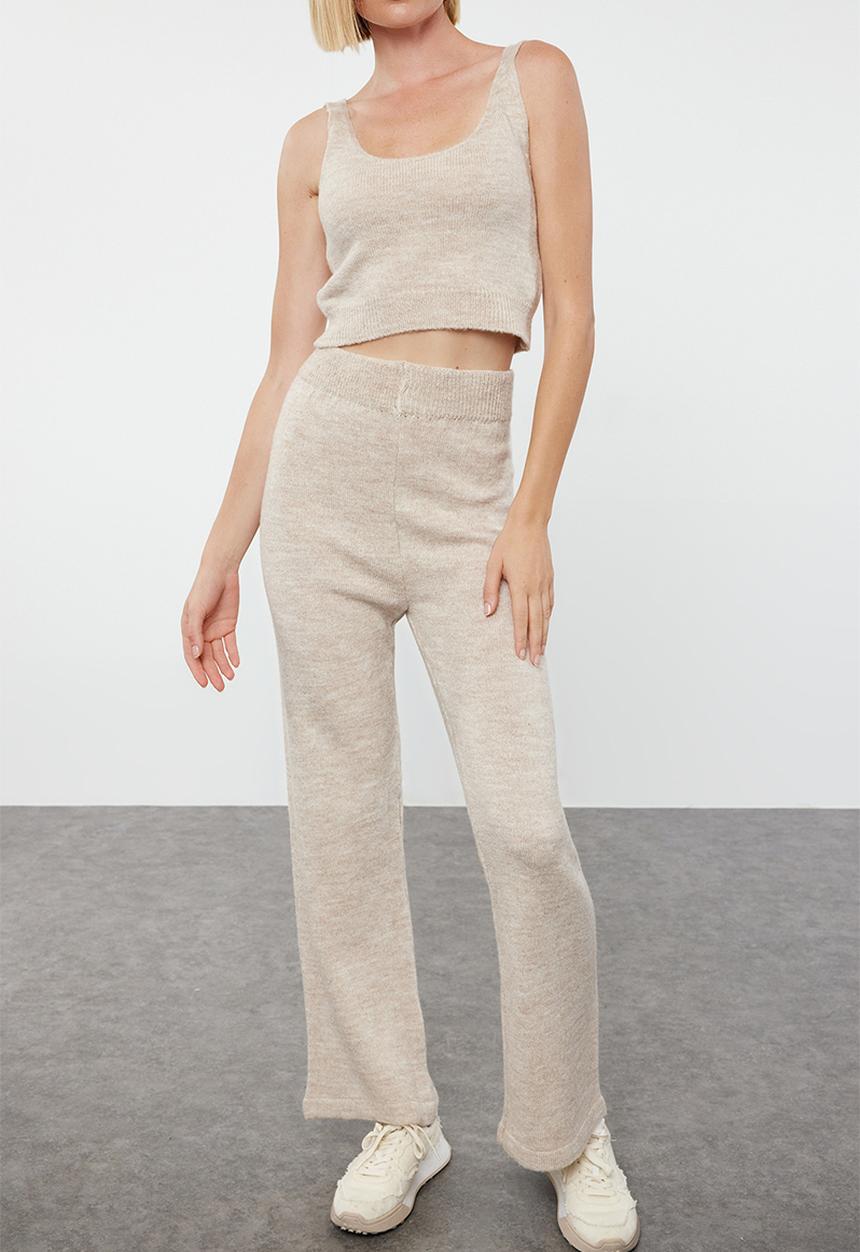 Trendyol - Wide fit soft textured 3-piece knitwear bottom-top set - stone 