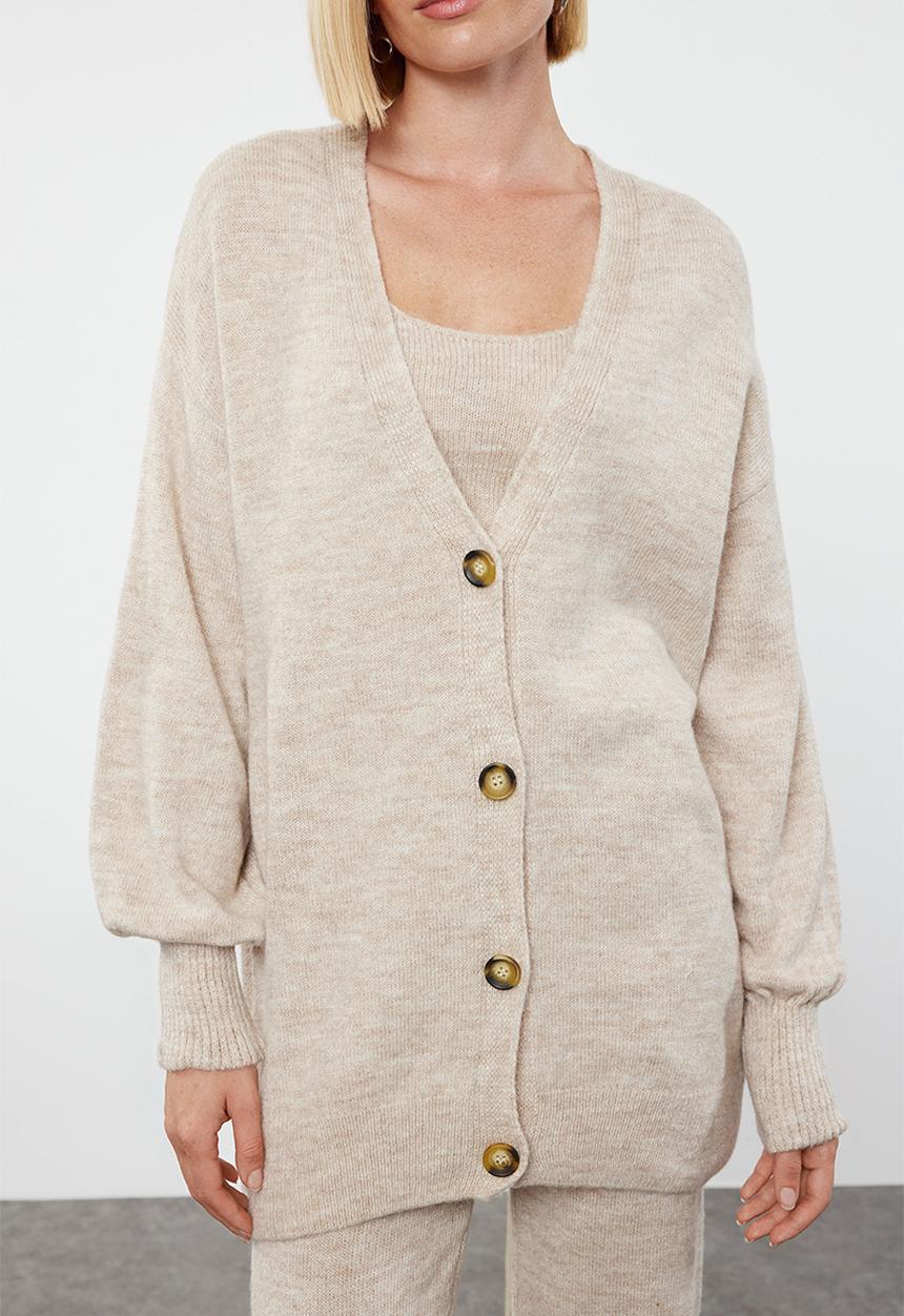Trendyol - Wide fit soft textured 3-piece knitwear bottom-top set - stone 
