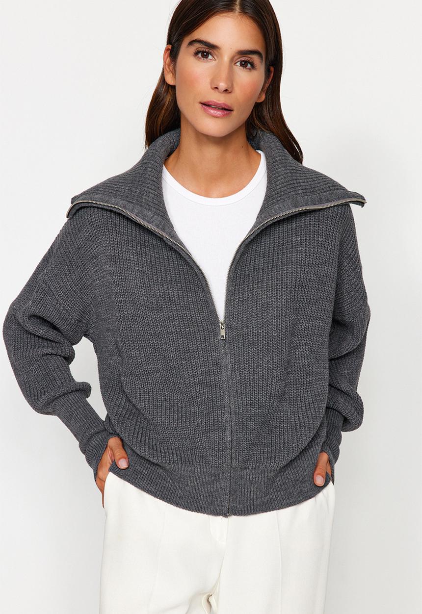 Trendyol - Wide pattern turndown collar zippered knitwear cardigan - anthracite 
