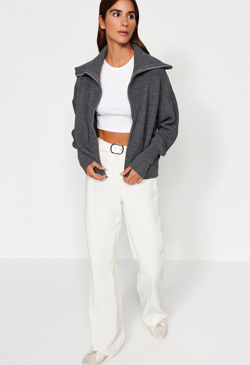 Trendyol - Wide pattern turndown collar zippered knitwear cardigan - anthracite 