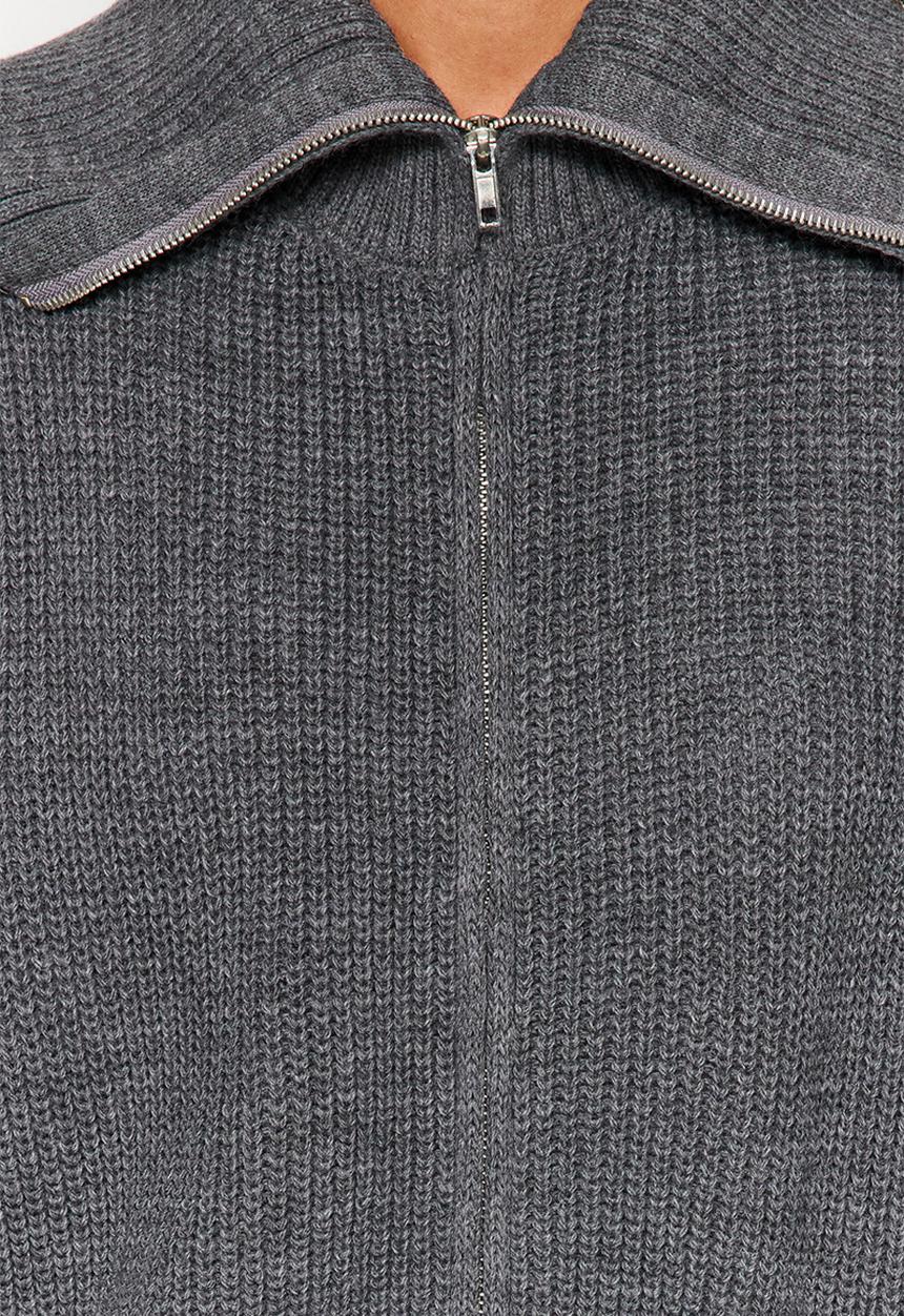 Trendyol - Wide pattern turndown collar zippered knitwear cardigan - anthracite 