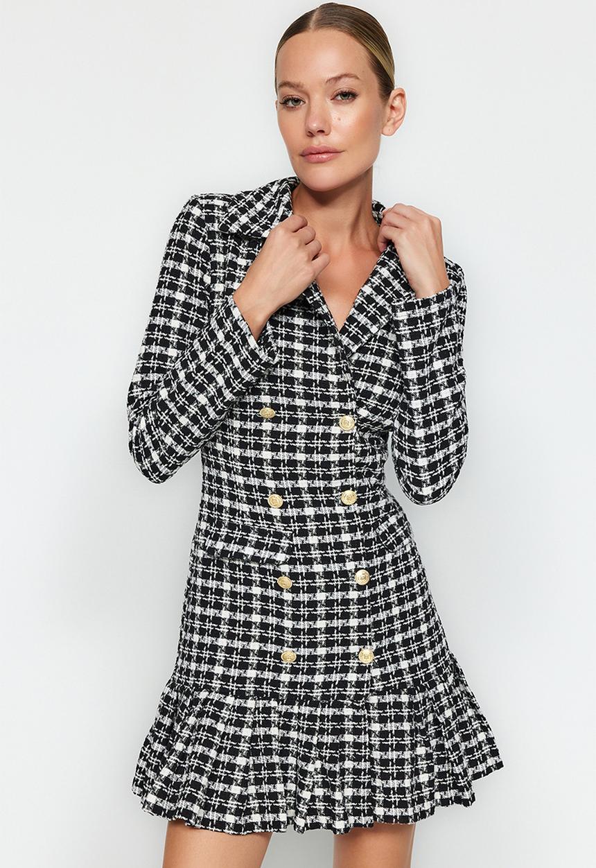 Trendyol - Flounce button detailed tweed woven dress - black