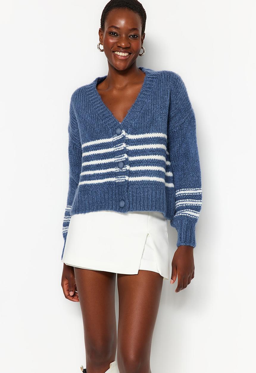 Trendyol - Soft textured striped knitwear cardigan - indigo 