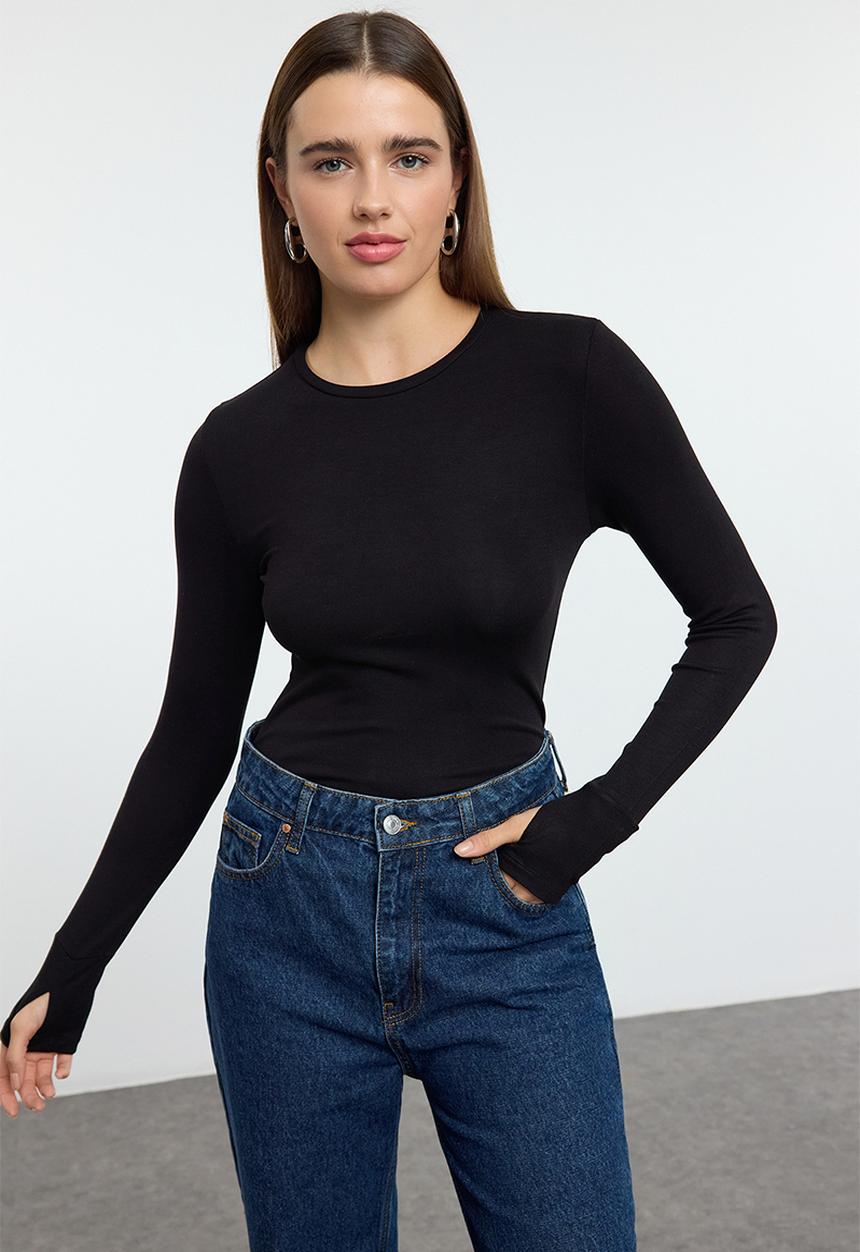 Trendyol - Flexible Knitted Blouse with Finger Snap Detail - Black