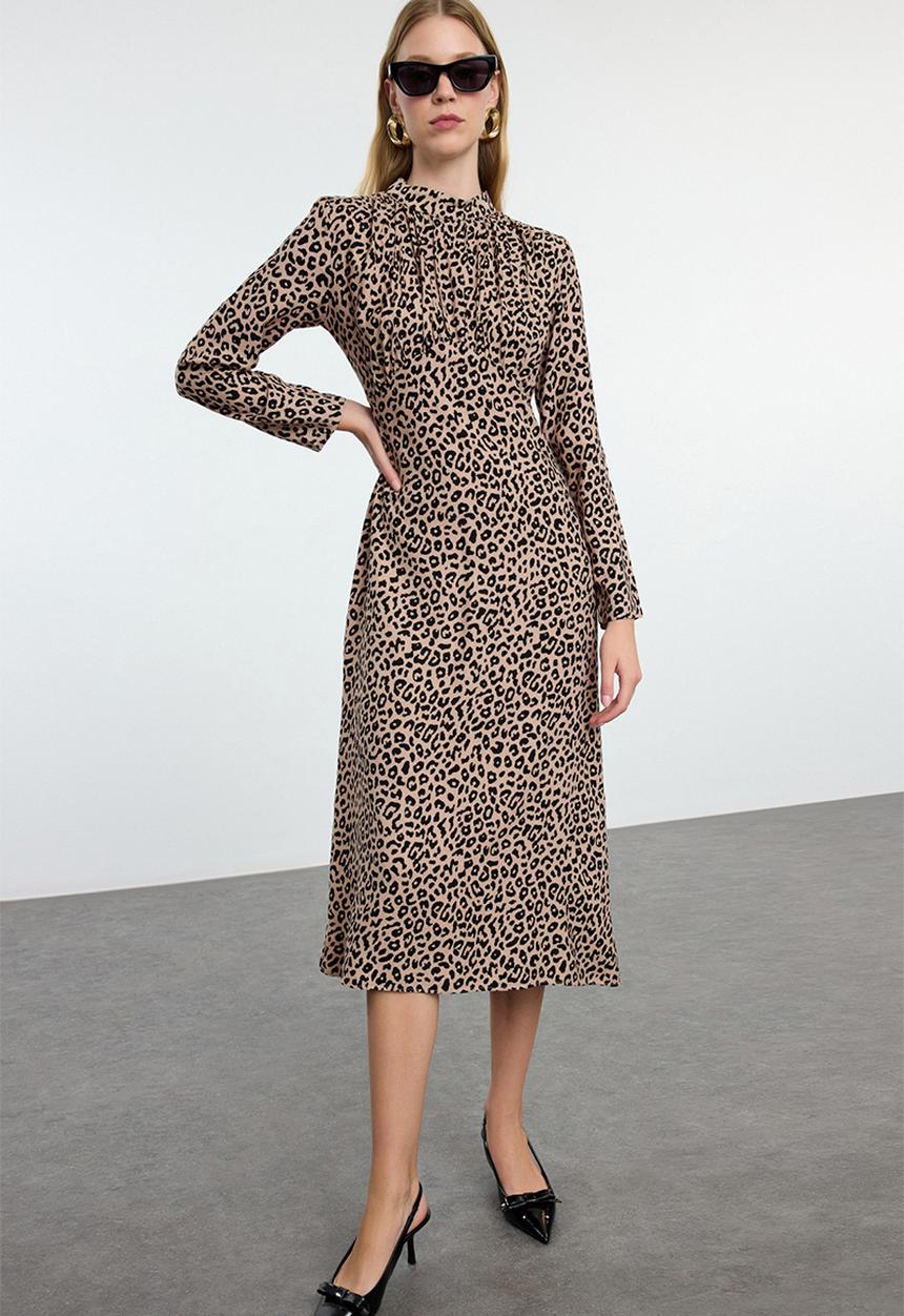 Trendyol - Animal pattern collar drape detailed a-line midi woven dress - brown  