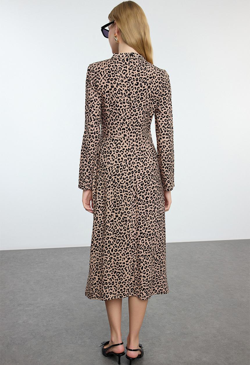 Trendyol - Animal pattern collar drape detailed a-line midi woven dress - brown  