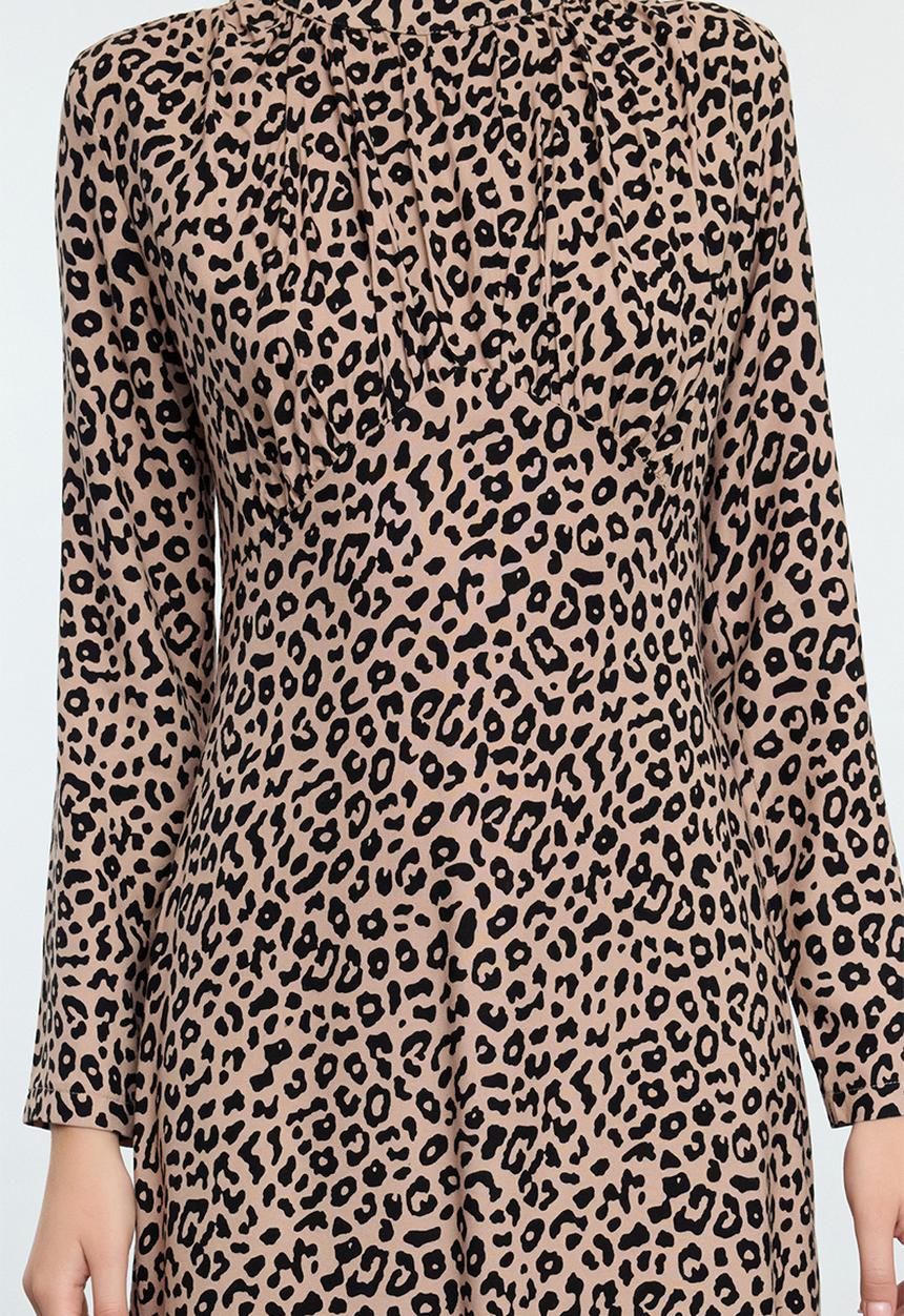 Trendyol - Animal pattern collar drape detailed a-line midi woven dress - brown  