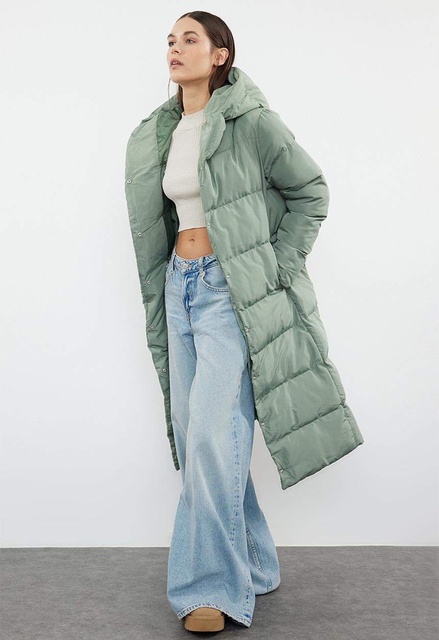 Trendyol - Light khaki snap closure water repellent long quilted puffer jacket