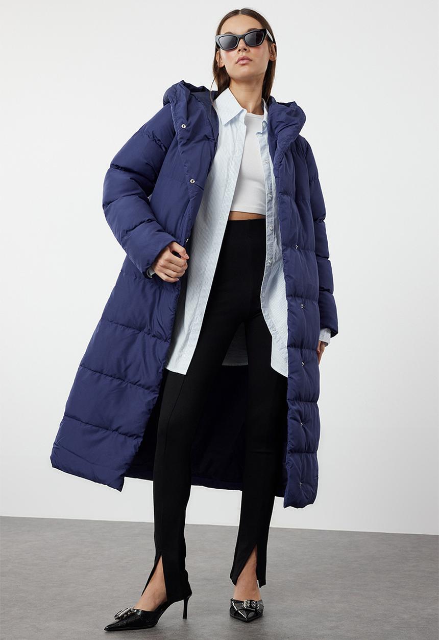 Trendyol - Blue snap closure water repellent long quilted puffer jacket