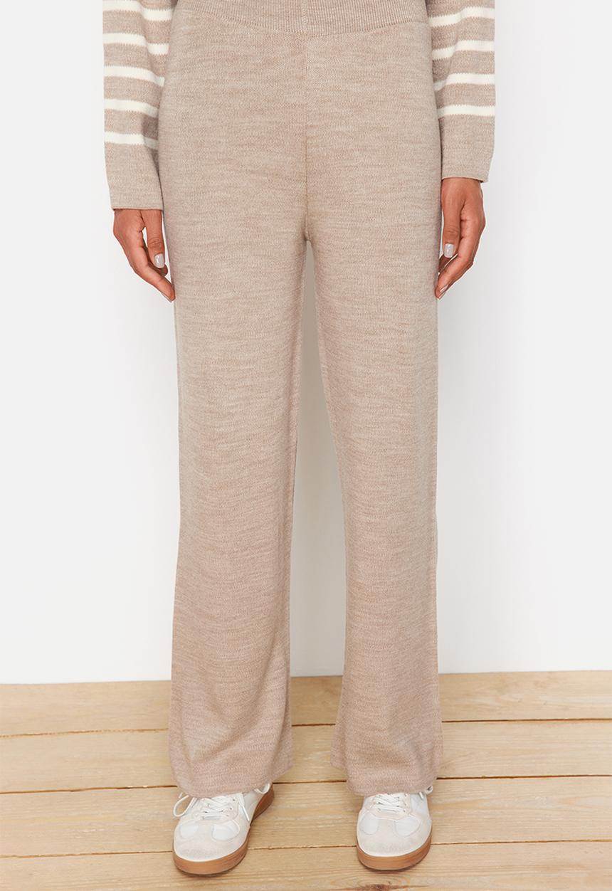 Trendyol - Mink Striped Collar Tie Detailed Sweater-Pants Bottom-Top